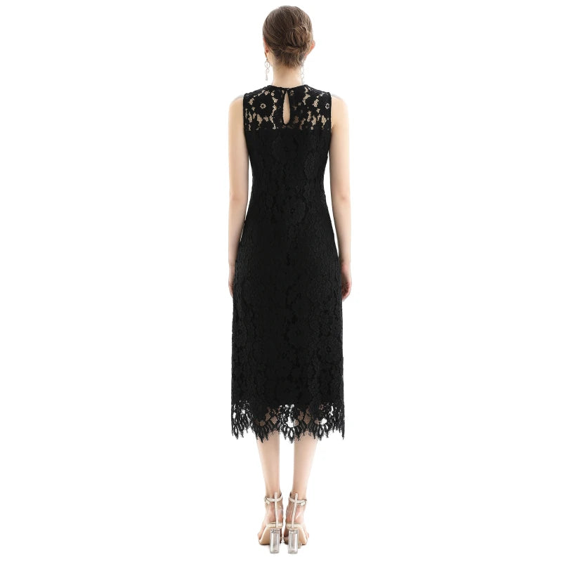 JJparty-D098 Women Floral eyelash lace sleeveless straight-cut party midi dress