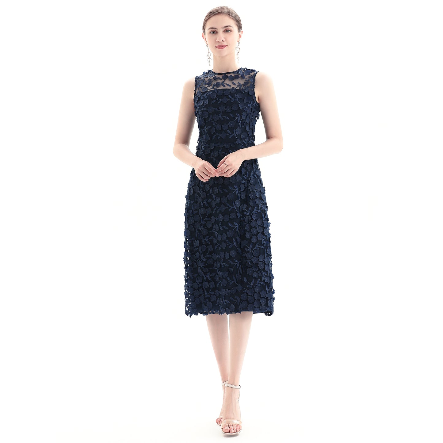 JJparty-D117 Women 3D flower embroidered tulle sleeveless straight-cut party midi dress