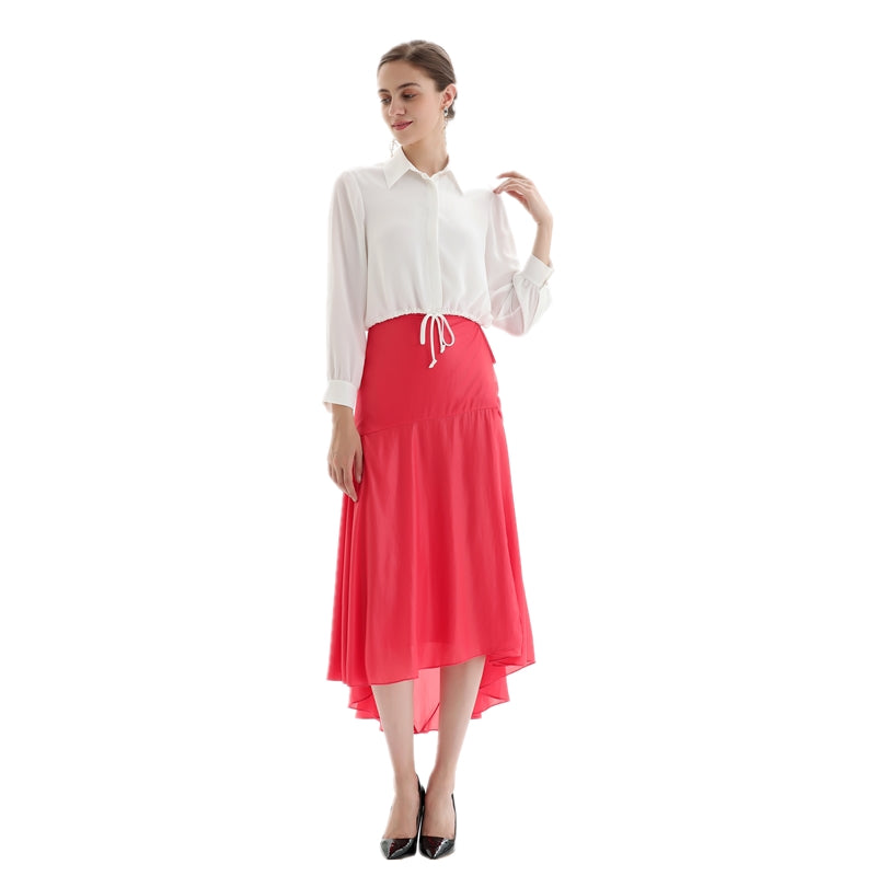 JJparty-S070 Women solid wrap design panelled asymmetric casual midi skirt