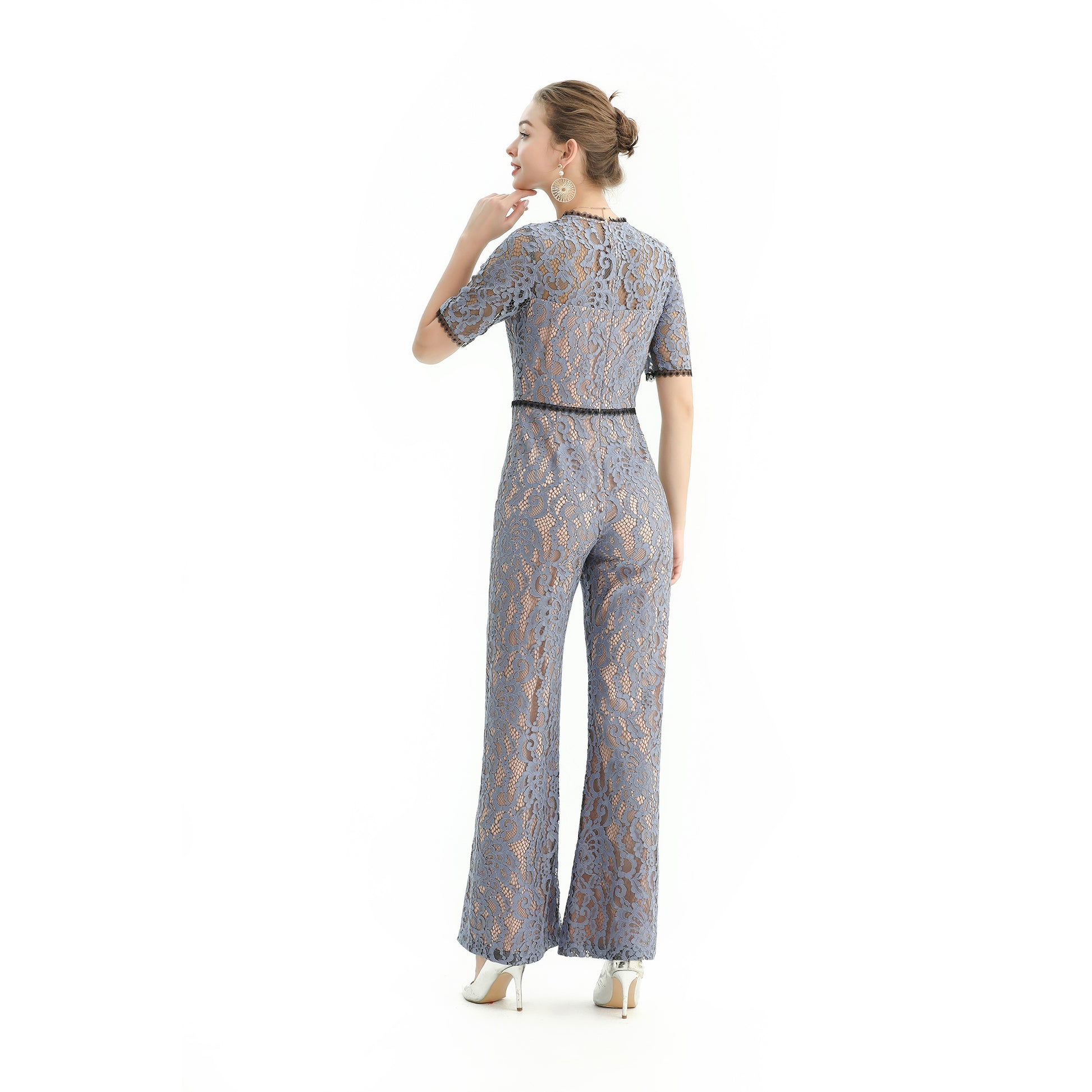 JJparty-R163 Women all-over lace short sleeves party jumpsuit
