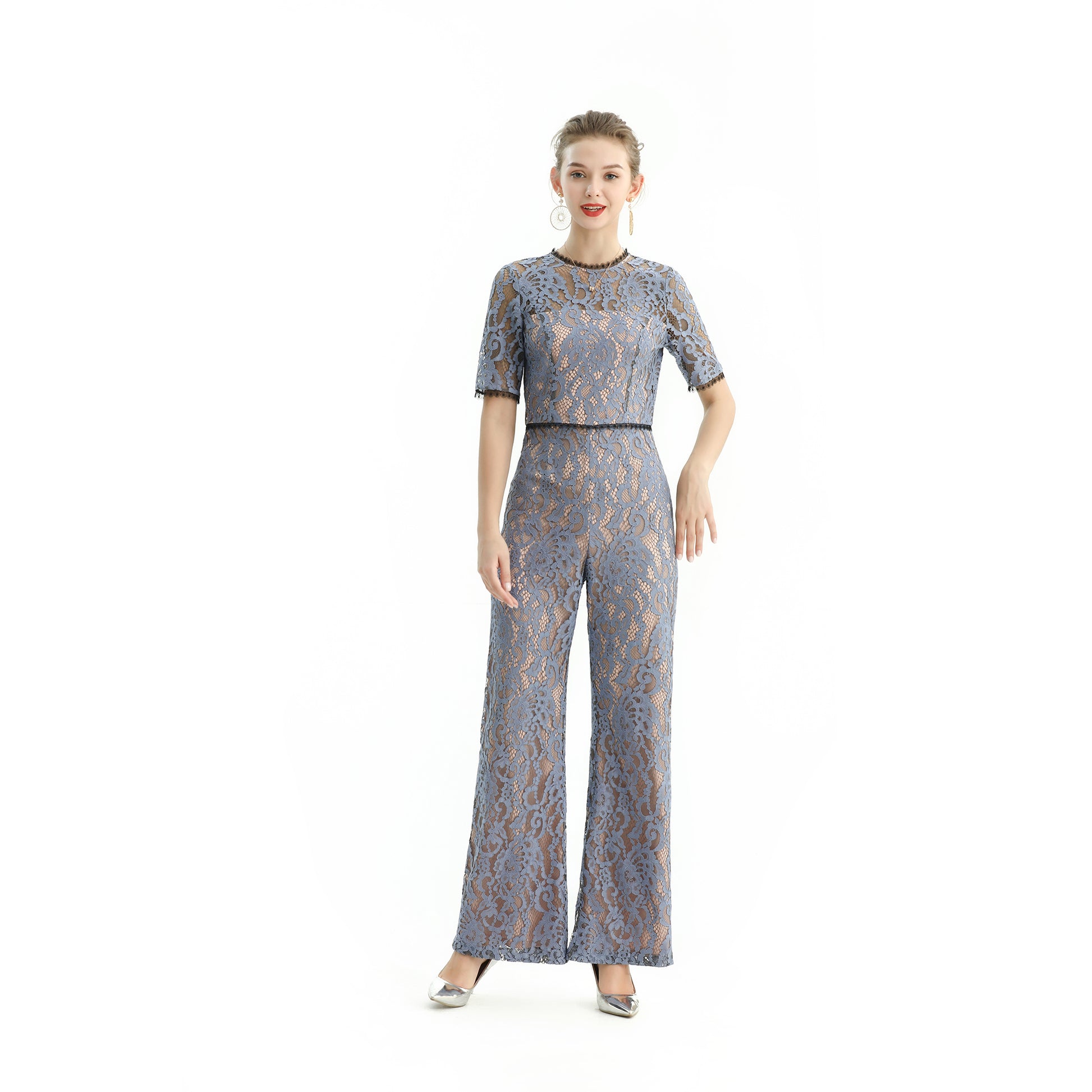 JJparty-R163 Women all-over lace short sleeves party jumpsuit