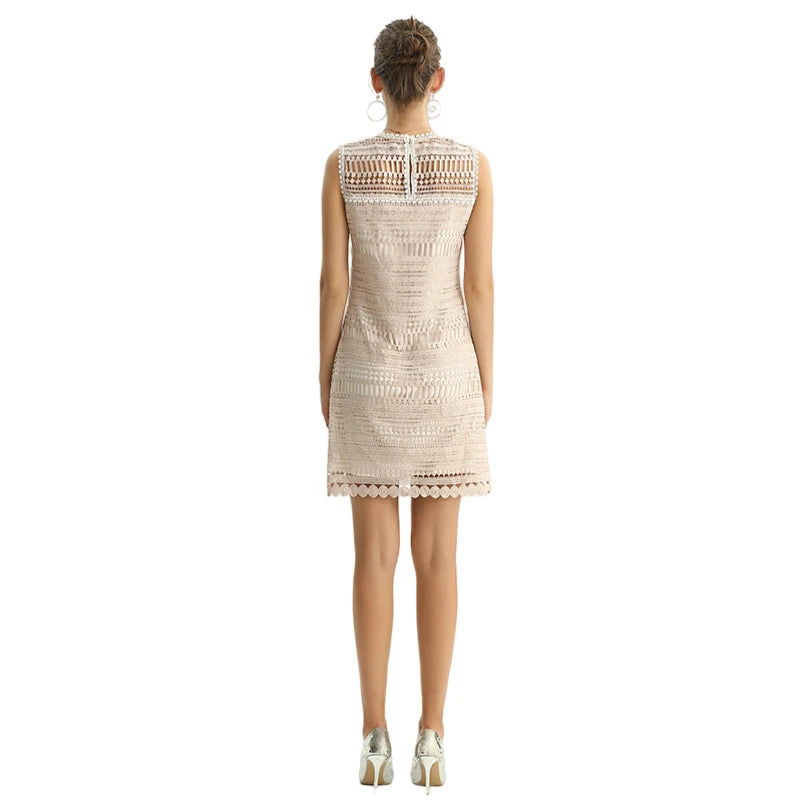 JJparty-D109 Women macramé lace sleeveless fitted day and party mini dress