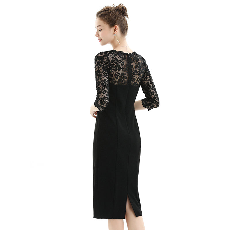 JJparty-D072 Women polyester knit scallop lace panel three-quarter sleeves fitted party midi dress
