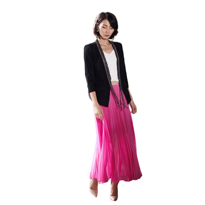 JJparty-C088 Women solid chiffon full circle sunburst pleated long casual skirt