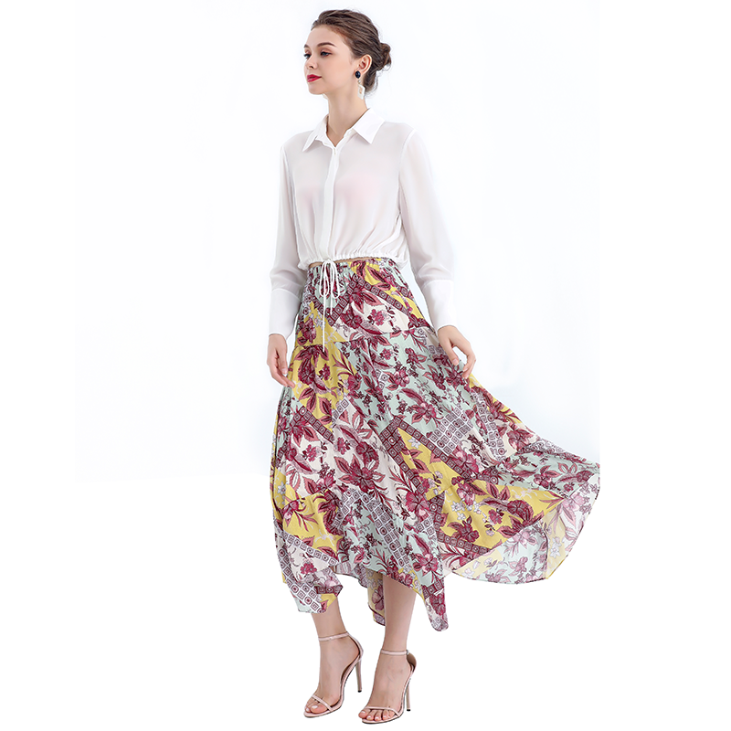 JJparty-S068-5 Women vintage print asymmetric panelled long flare handkerchief skirt
