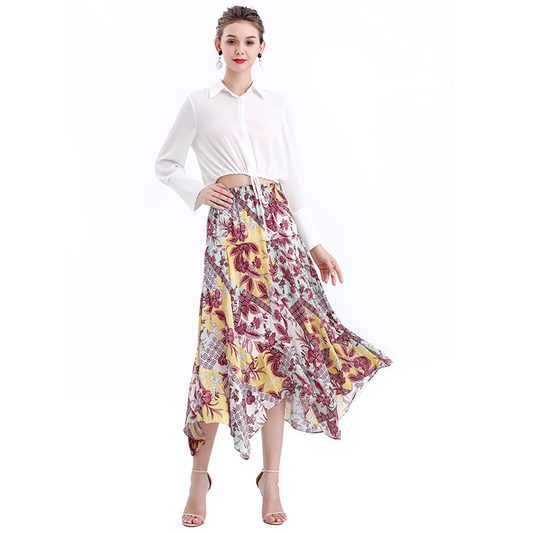 JJparty-S068-5 Women vintage print asymmetric panelled long flare handkerchief skirt