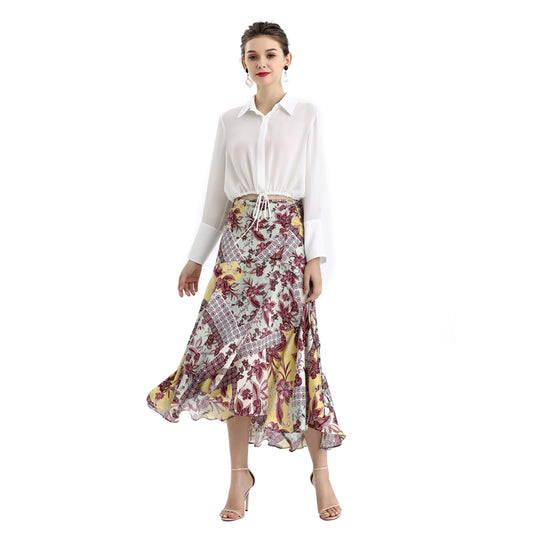 JJparty-S070-2 Women Retro print wrap design panelled asymmetric casual midi skirt