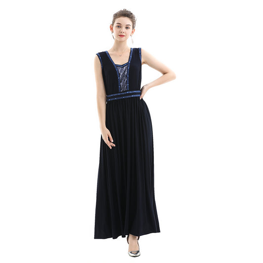 JJparty-D071 Women solid knit sleeveless embroidered and sequin embellished maxi evening dress