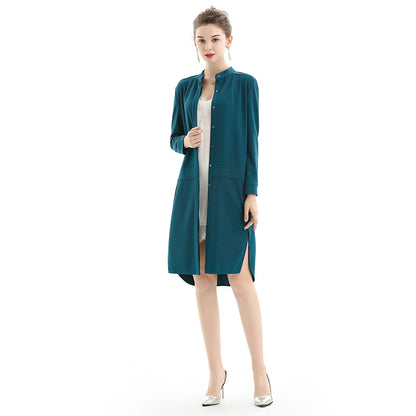 JJparty-C053 Women solid long sleeves band collar seam-detail midi shirt dress