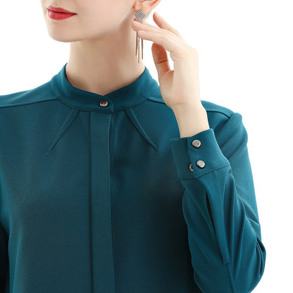 JJparty-C053 Women solid long sleeves band collar seam-detail midi shirt dress