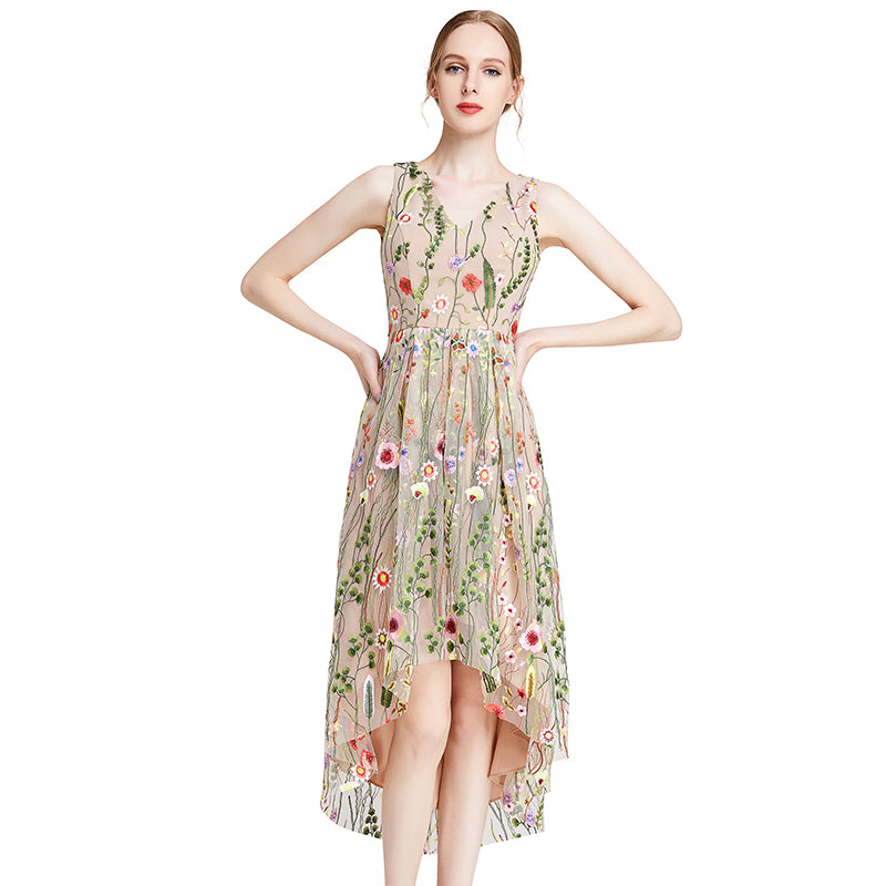 JJparty-D006 Women all-over floral embroidered tulle sleeveless asymmetric hem midi party dress