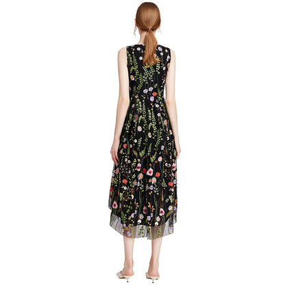 JJparty-D006 Women all-over floral embroidered tulle sleeveless asymmetric hem midi party dress