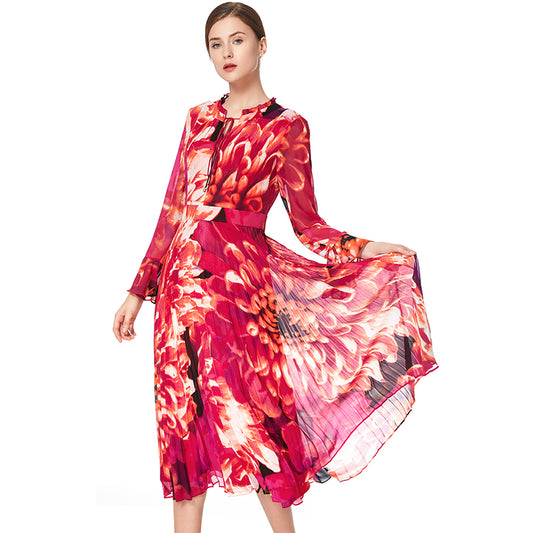 JJparty-D036 Women flower print chiffon long sleeves pleated midi day dress