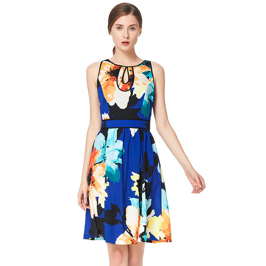 JJparty-D038 Women flower print key-hole neckline sleeveless mini day dress