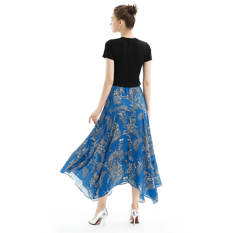 JJparty-S068 Women floral print asymmetric panelled long flare handkerchief skirt
