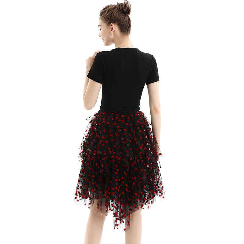 JJparty-S077 Women flocked tulle multi-layers asymmetric party short skirt