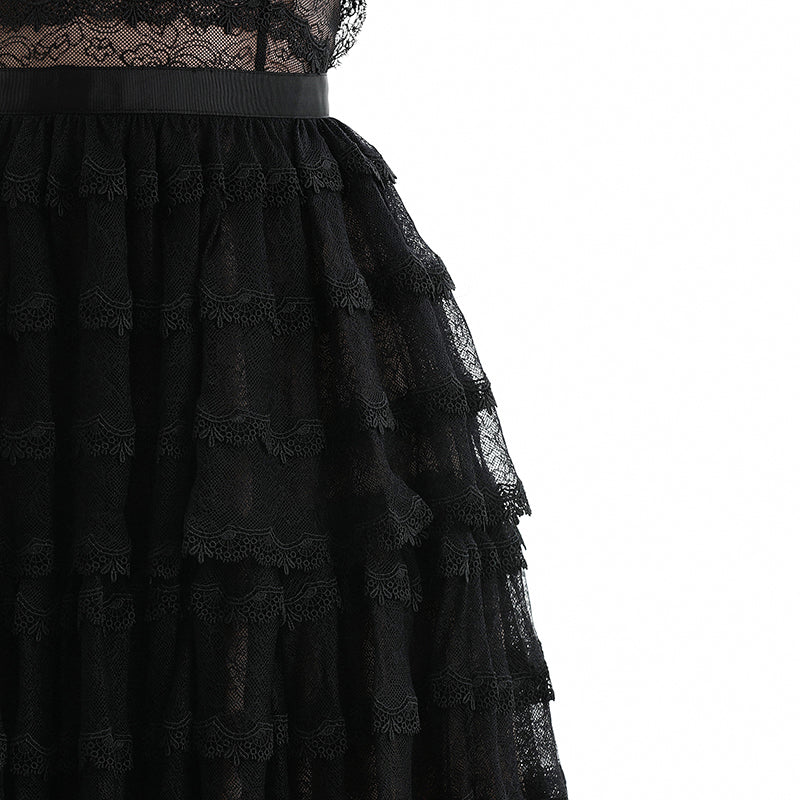 JJparty-D073 Women lace halter neck scallop trims ruffled detail tiered mini evening dress