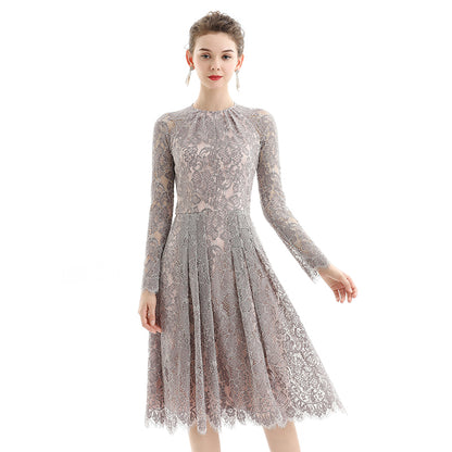 JJparty-D080-4 Women peony flower scallop lace long sleeves flared pleated party midi dress