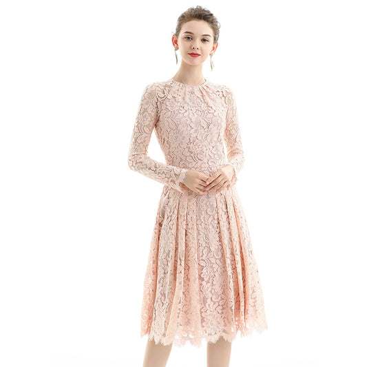 JJparty-D080 Women floral scallop lace long sleeves flared pleated party midi dress