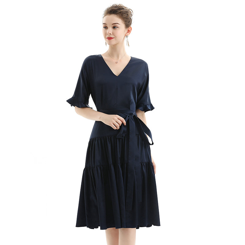 JJparty-D081 Women solid satin short sleeves tiered midi day dress