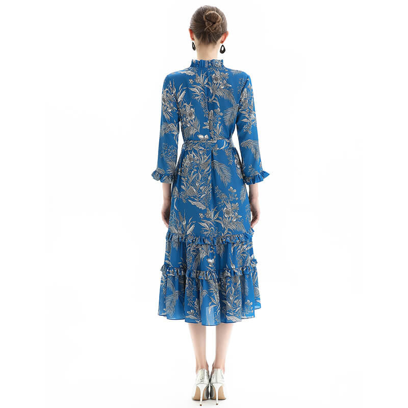 JJparty-D083 Women floral print three-quarter sleeves ruffle detailing tiered midi wrap dress