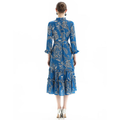 JJparty-D083 Women floral print three-quarter sleeves ruffle detailing tiered midi wrap dress