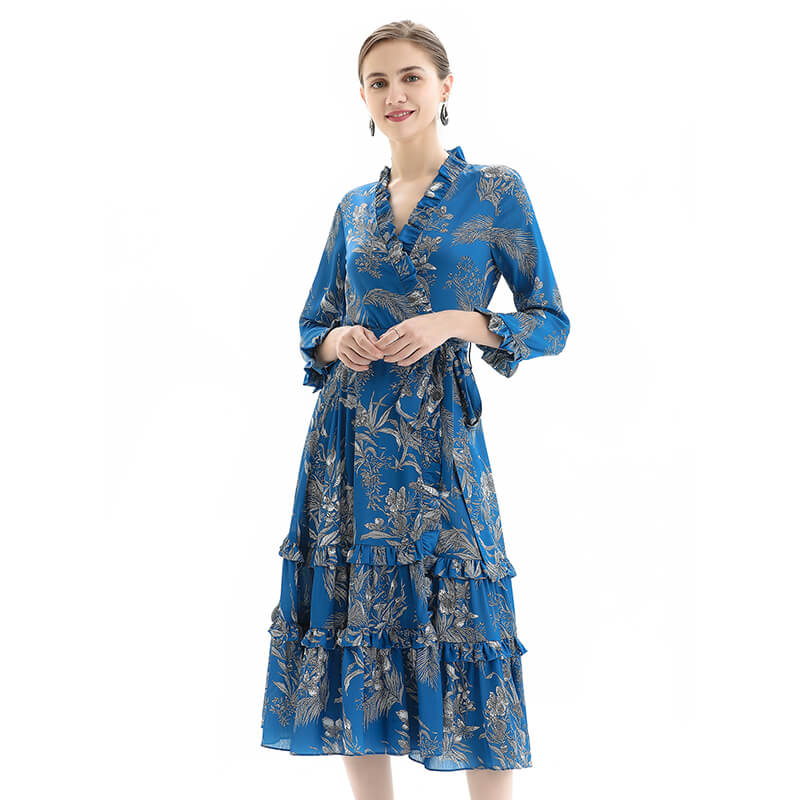 JJparty-D083 Women floral print three-quarter sleeves ruffle detailing tiered midi wrap dress