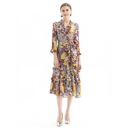 JJparty-D083 Women floral print three-quarter sleeves ruffle detailing tiered midi wrap dress