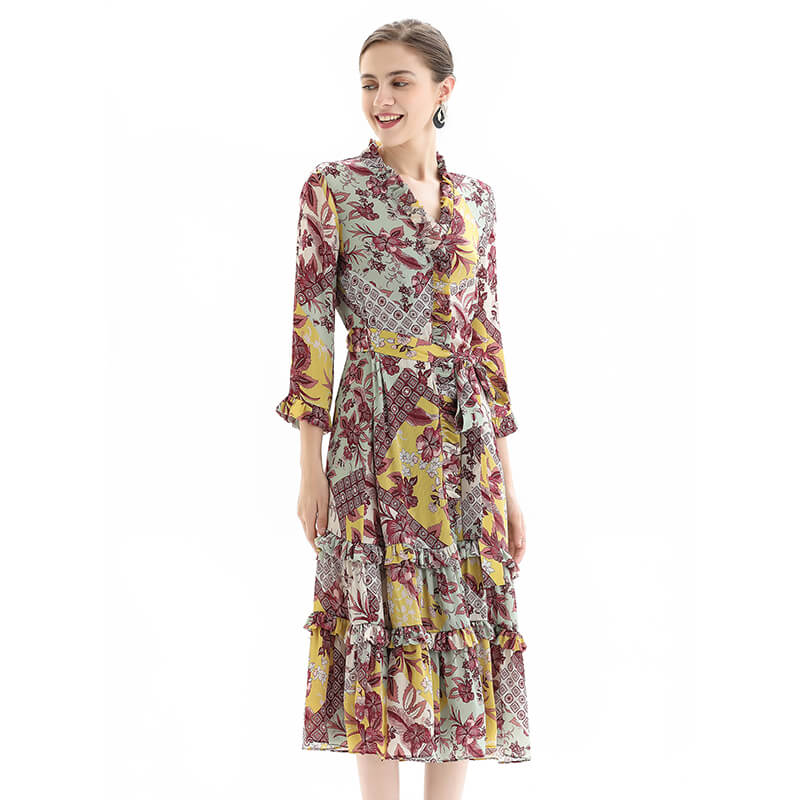 JJparty-D083 Women floral print three-quarter sleeves ruffle detailing tiered midi wrap dress