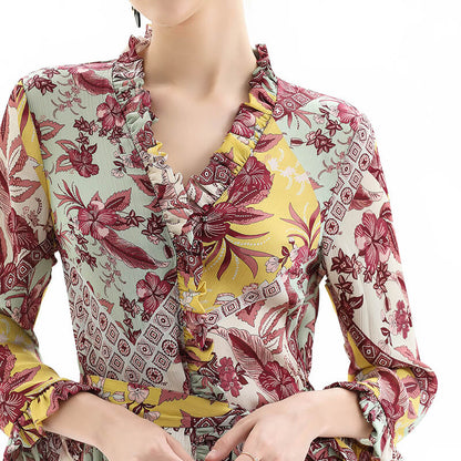 JJparty-D083 Women floral print three-quarter sleeves ruffle detailing tiered midi wrap dress