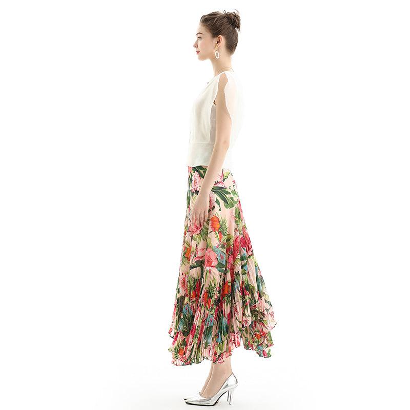 JJparty-S069-2 Women floral print panelled asymmetric pleated ruffle long flare skirt