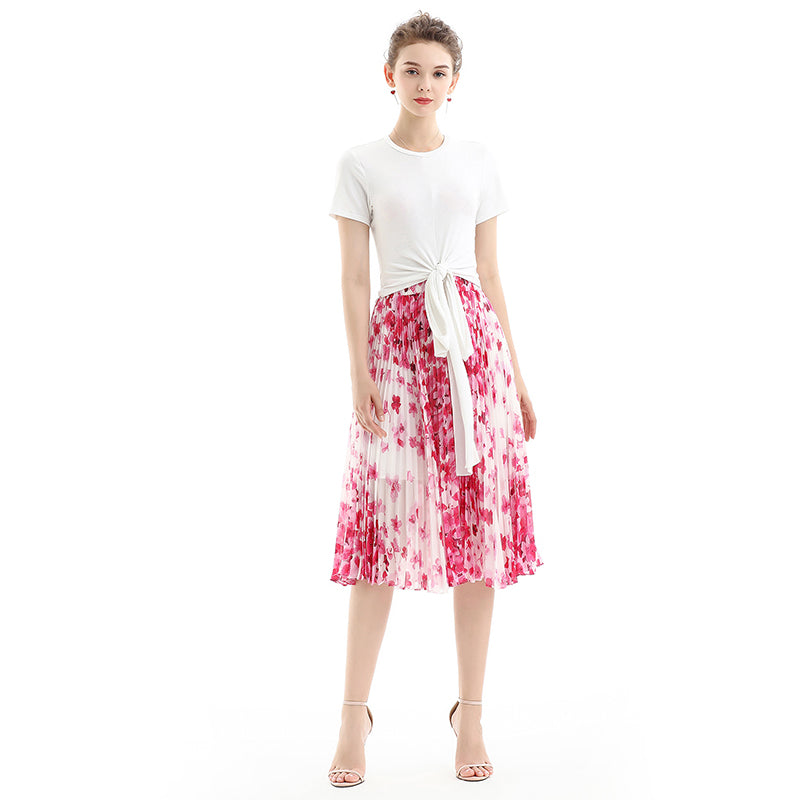 JJparty-S076 Women floral print chiffon pleated casual midi skirt