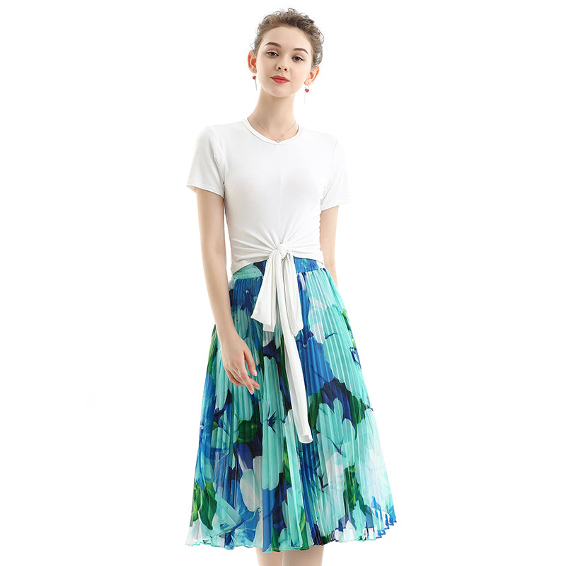 JJparty-S076 Women floral print chiffon pleated casual midi skirt