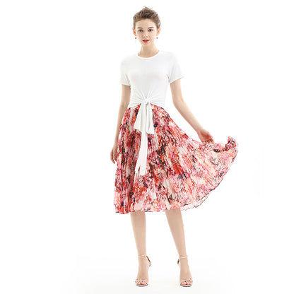 JJparty-S076 Women floral print chiffon pleated casual midi skirt