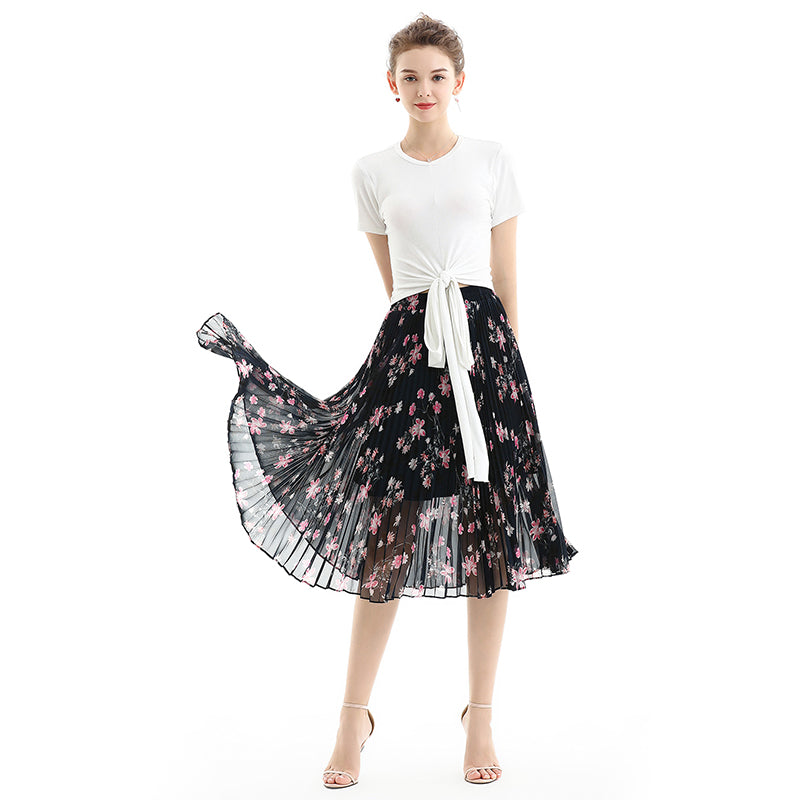 JJparty-S076 Women floral print chiffon pleated casual midi skirt