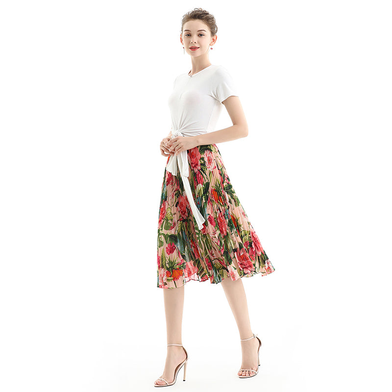 JJparty-S076 Women floral print chiffon pleated casual midi skirt