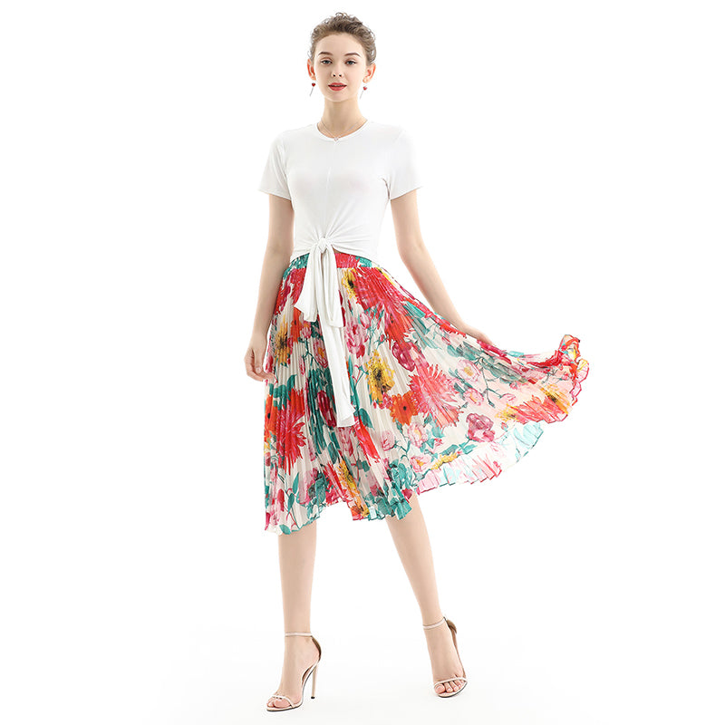 JJparty-S076 Women floral print chiffon pleated casual midi skirt