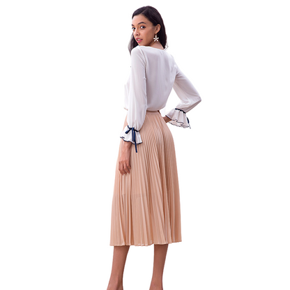 JJparty-S280L Women solid chiffon elasticated waist full circle sunburst pleated midi casual skirt